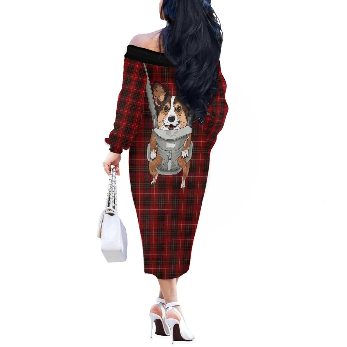 Front Carrier Dog Pembroke Welsh Corgi Christmas Off The Shoulder Long Sleeve Dress Xmas Holiday Patterns - Wonder Print Shop