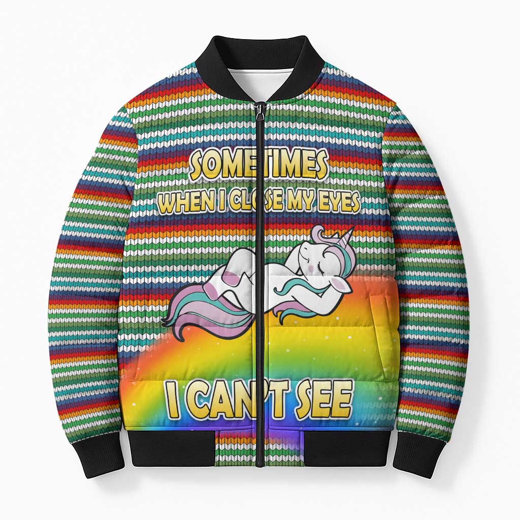 Funny Unicorn Sometimes When I Close My Eyes Christmas Bomber Puffer Jacket Xmas Holiday Patterns - Wonder Print Shop