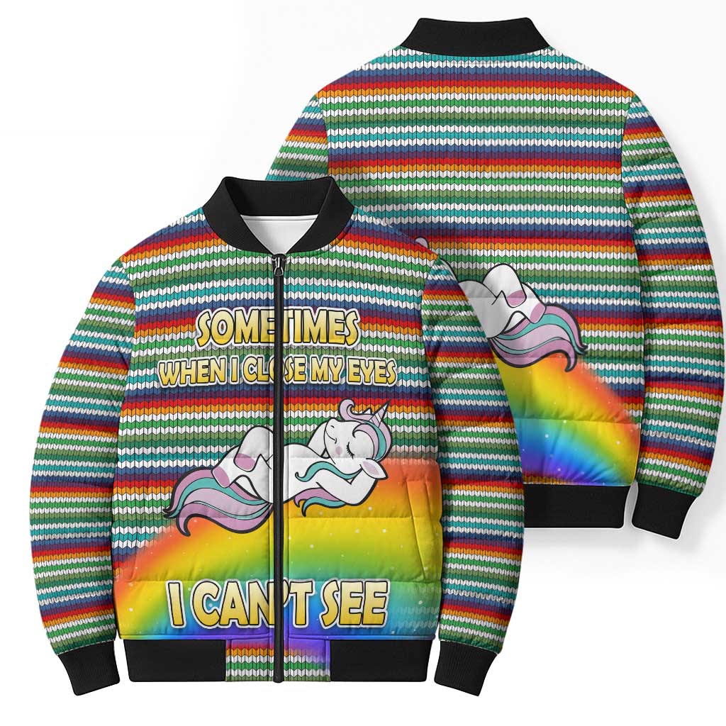 Funny Unicorn Sometimes When I Close My Eyes Christmas Bomber Puffer Jacket Xmas Holiday Patterns - Wonder Print Shop