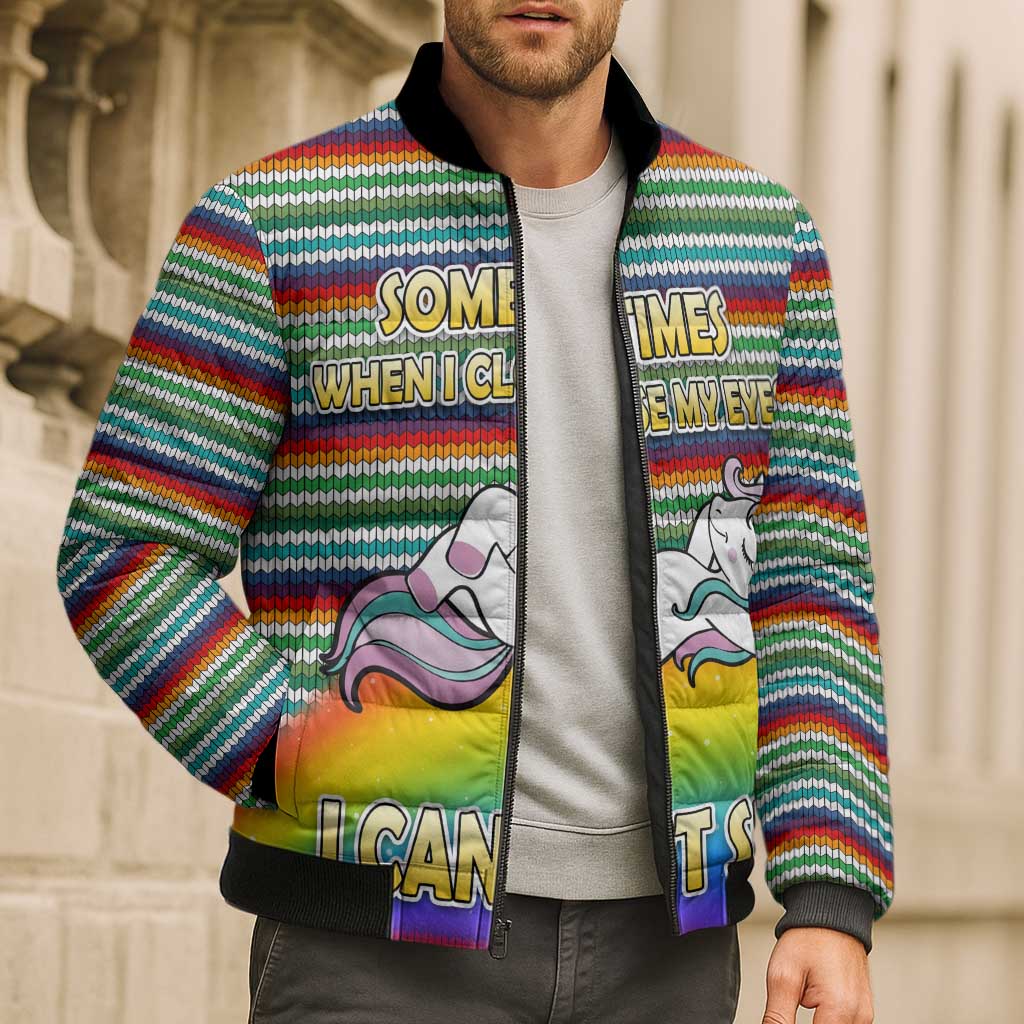 Funny Unicorn Sometimes When I Close My Eyes Christmas Bomber Puffer Jacket Xmas Holiday Patterns - Wonder Print Shop