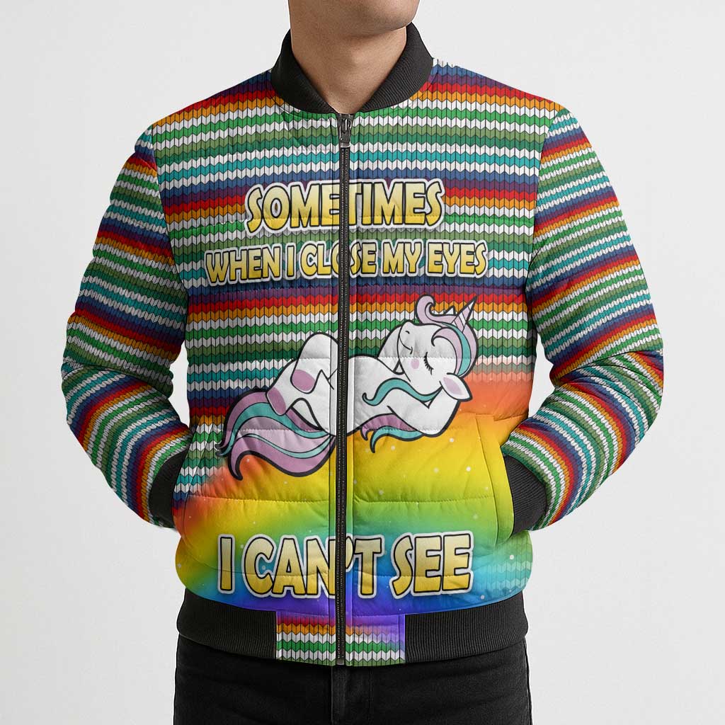 Funny Unicorn Sometimes When I Close My Eyes Christmas Bomber Puffer Jacket Xmas Holiday Patterns - Wonder Print Shop