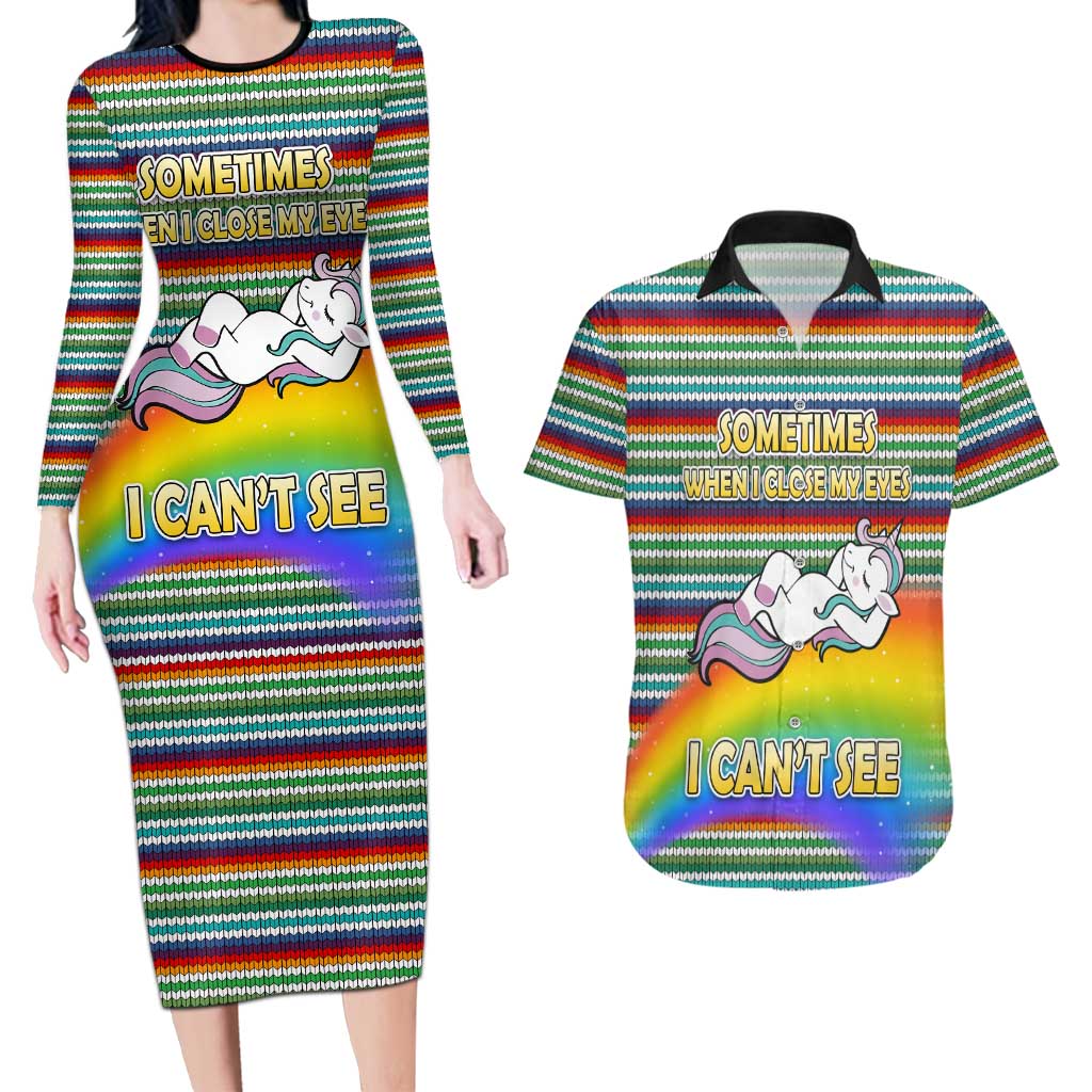 Funny Unicorn Sometimes When I Close My Eyes Christmas Couples Matching Long Sleeve Bodycon Dress and Hawaiian Shirt Xmas Holiday Patterns - Wonder Print Shop