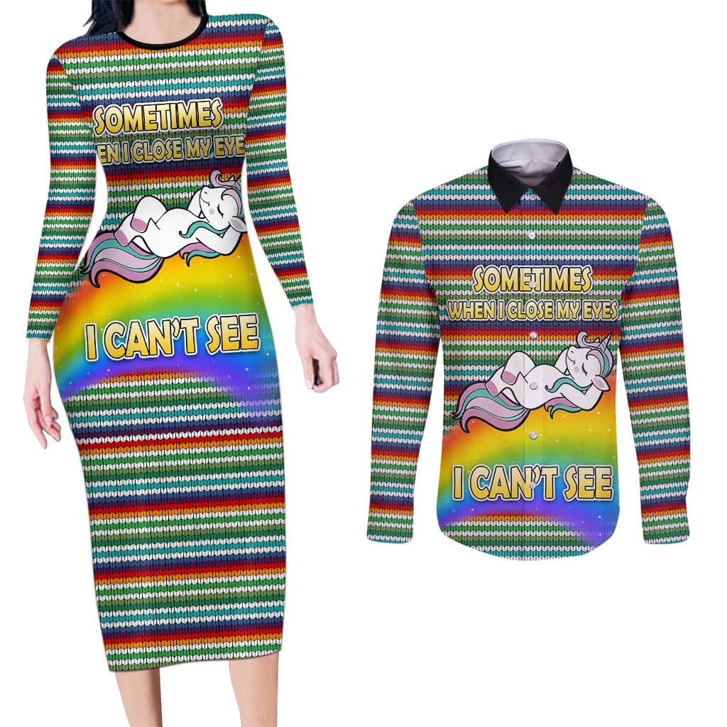 Funny Unicorn Sometimes When I Close My Eyes Christmas Couples Matching Long Sleeve Bodycon Dress and Long Sleeve Button Shirt Xmas Holiday Patterns - Wonder Print Shop