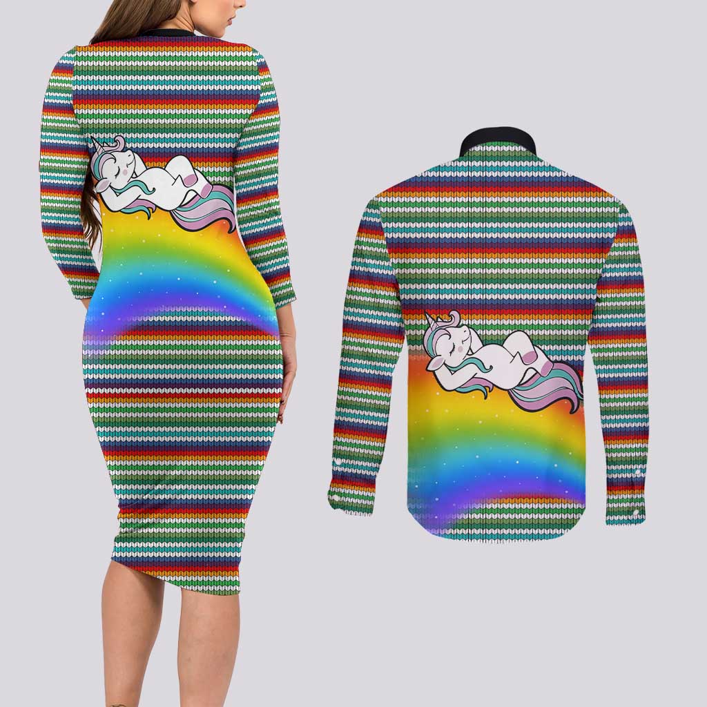 Funny Unicorn Sometimes When I Close My Eyes Christmas Couples Matching Long Sleeve Bodycon Dress and Long Sleeve Button Shirt Xmas Holiday Patterns - Wonder Print Shop
