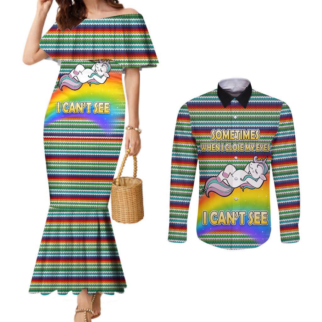 Funny Unicorn Sometimes When I Close My Eyes Christmas Couples Matching Mermaid Dress and Long Sleeve Button Shirt Xmas Holiday Patterns - Wonder Print Shop