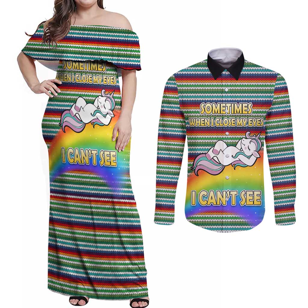 Funny Unicorn Sometimes When I Close My Eyes Christmas Couples Matching Off Shoulder Maxi Dress and Long Sleeve Button Shirt Xmas Holiday Patterns - Wonder Print Shop
