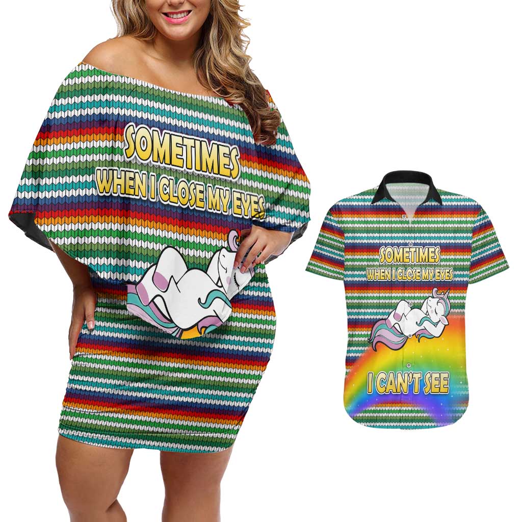 Funny Unicorn Sometimes When I Close My Eyes Christmas Couples Matching Off Shoulder Short Dress and Hawaiian Shirt Xmas Holiday Patterns - Wonder Print Shop