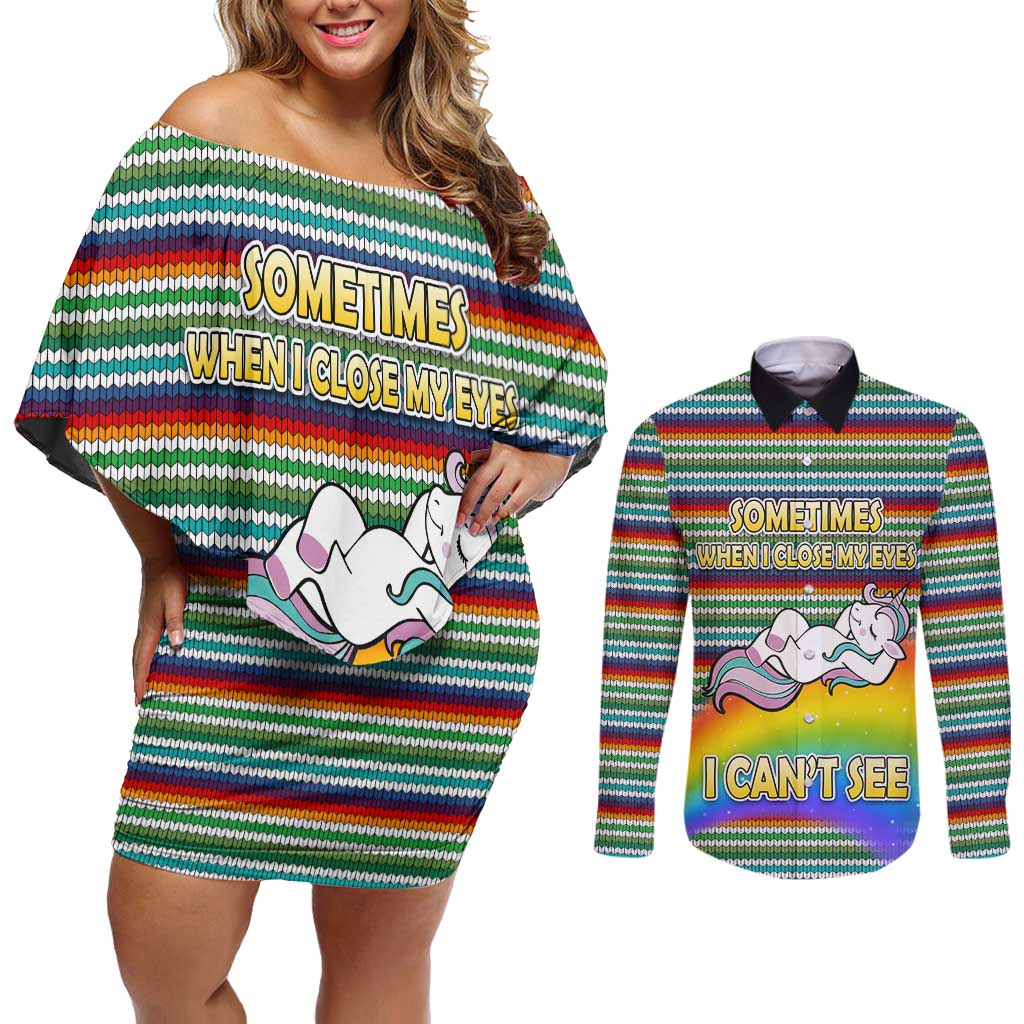 Funny Unicorn Sometimes When I Close My Eyes Christmas Couples Matching Off Shoulder Short Dress and Long Sleeve Button Shirt Xmas Holiday Patterns - Wonder Print Shop