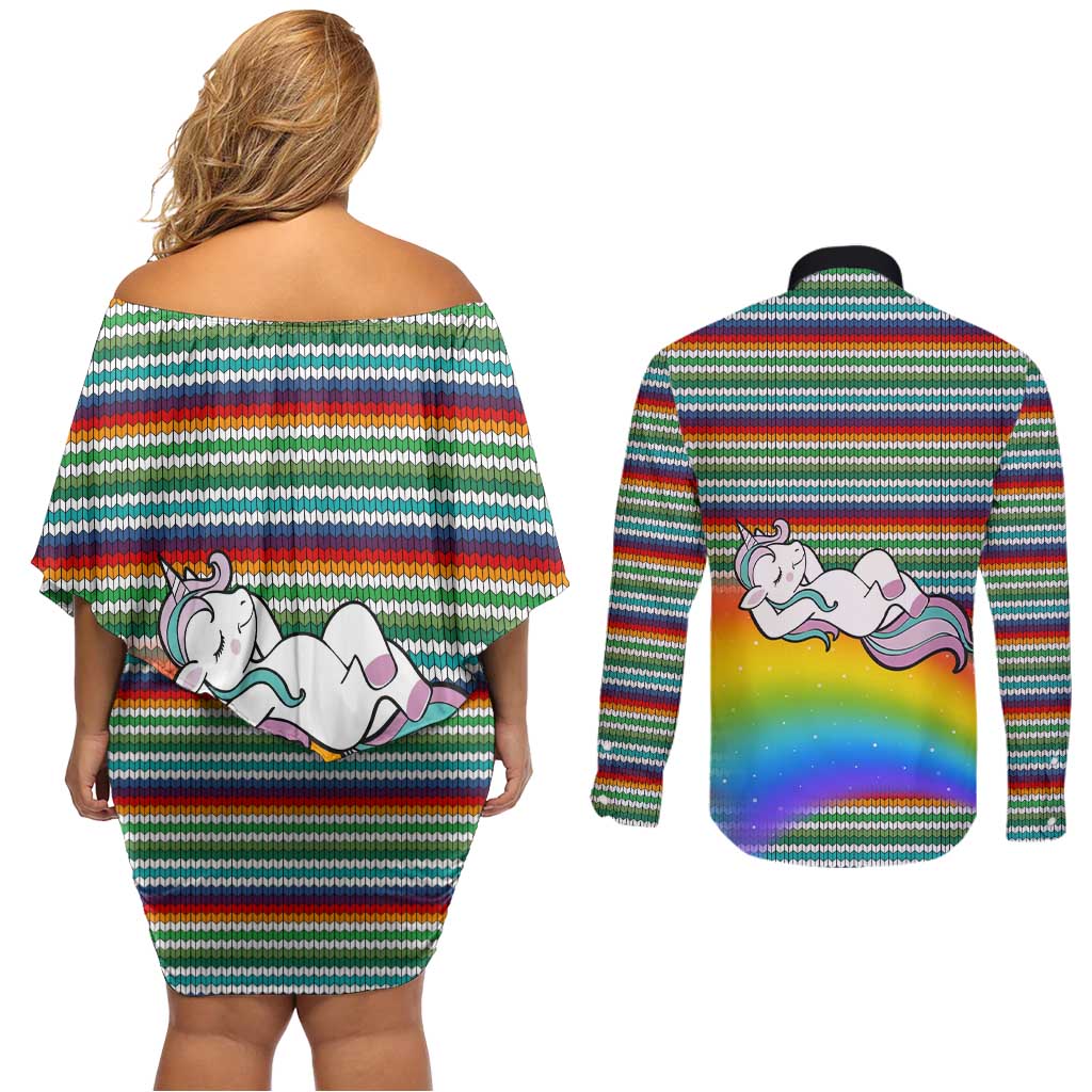 Funny Unicorn Sometimes When I Close My Eyes Christmas Couples Matching Off Shoulder Short Dress and Long Sleeve Button Shirt Xmas Holiday Patterns - Wonder Print Shop