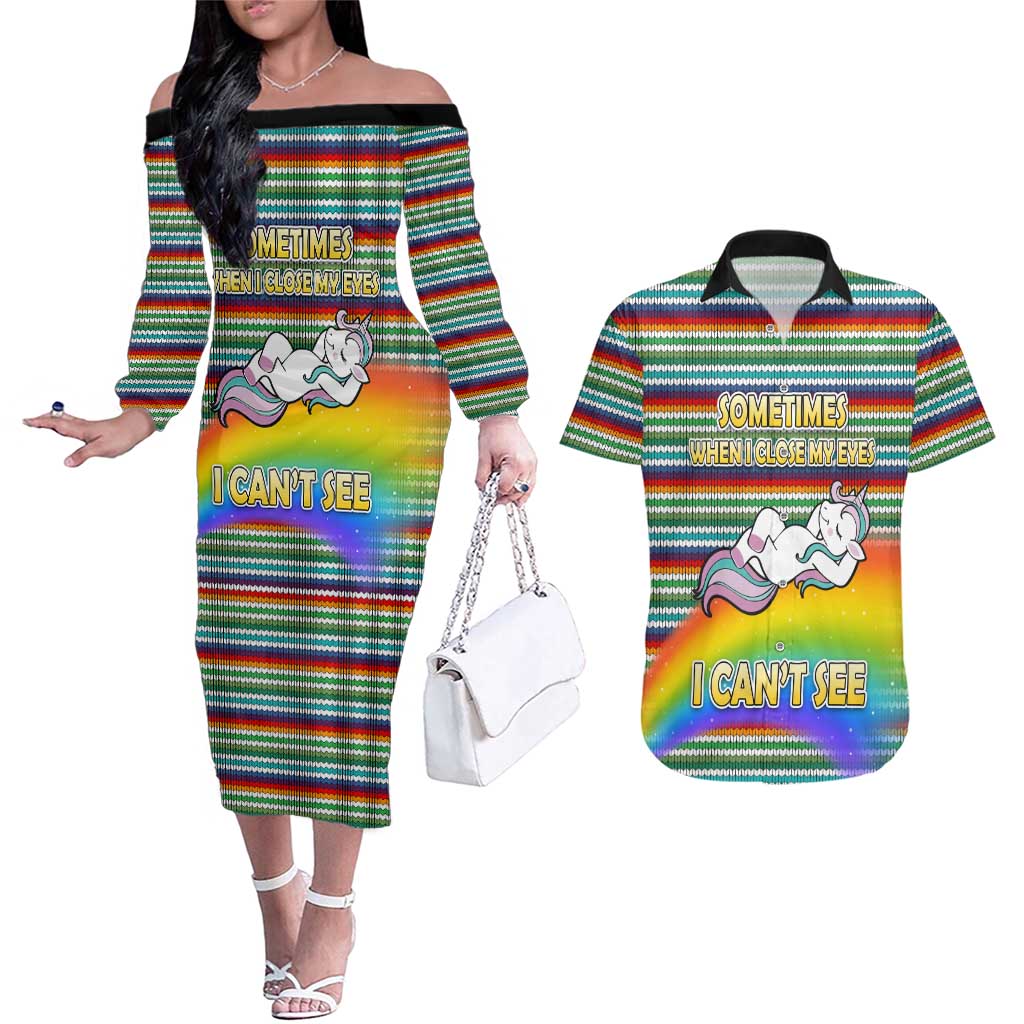 Funny Unicorn Sometimes When I Close My Eyes Christmas Couples Matching Off The Shoulder Long Sleeve Dress and Hawaiian Shirt Xmas Holiday Patterns - Wonder Print Shop