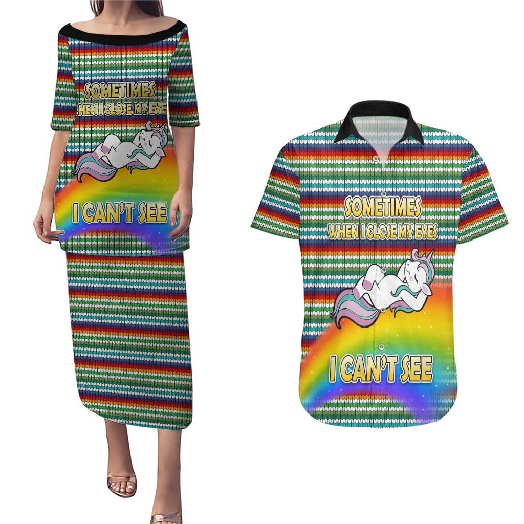 Funny Unicorn Sometimes When I Close My Eyes Christmas Couples Matching Puletasi and Hawaiian Shirt Xmas Holiday Patterns - Wonder Print Shop