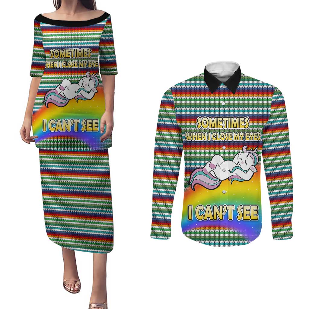 Funny Unicorn Sometimes When I Close My Eyes Christmas Couples Matching Puletasi and Long Sleeve Button Shirt Xmas Holiday Patterns - Wonder Print Shop