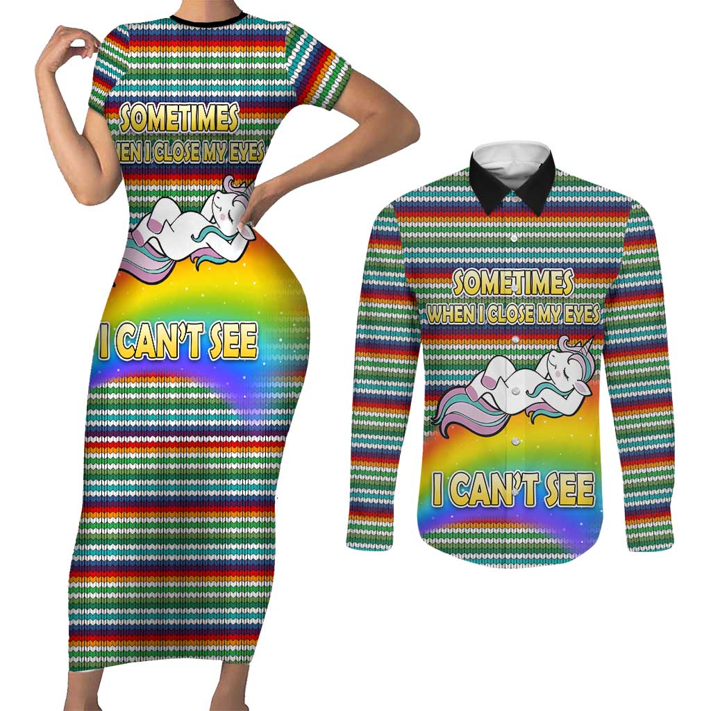 Funny Unicorn Sometimes When I Close My Eyes Christmas Couples Matching Short Sleeve Bodycon Dress and Long Sleeve Button Shirt Xmas Holiday Patterns - Wonder Print Shop