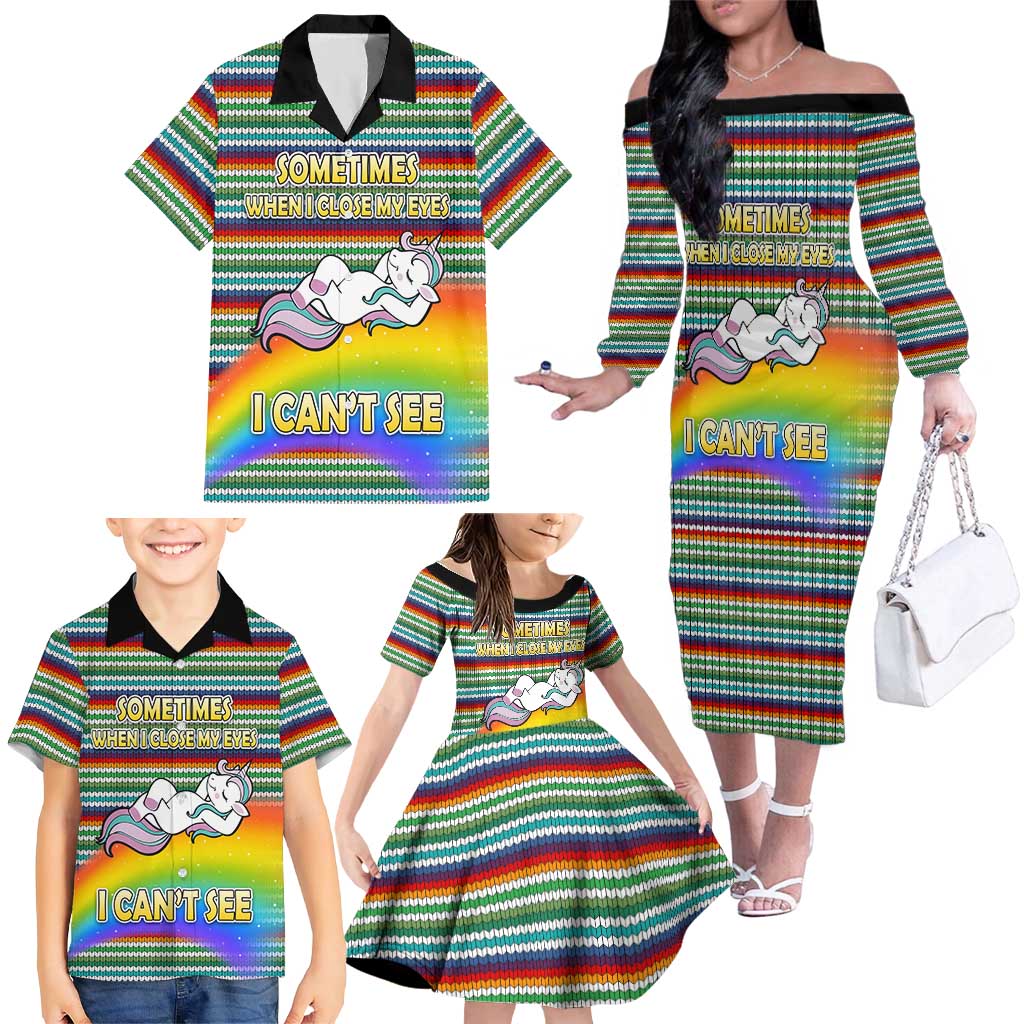 Funny Unicorn Sometimes When I Close My Eyes Christmas Family Matching Off The Shoulder Long Sleeve Dress and Hawaiian Shirt Xmas Holiday Patterns - Wonder Print Shop