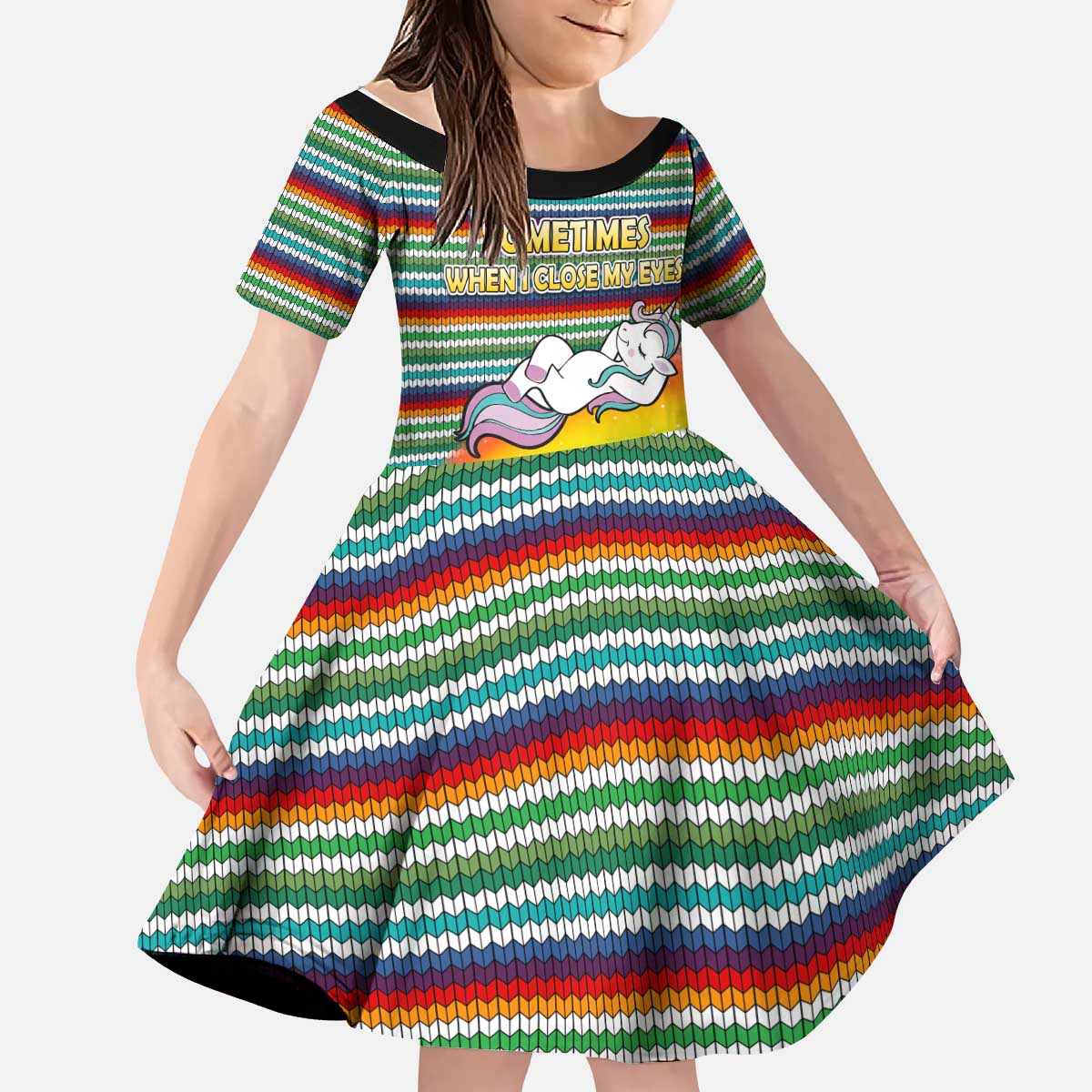 Funny Unicorn Sometimes When I Close My Eyes Christmas Kid Short Sleeve Dress Xmas Holiday Patterns - Wonder Print Shop