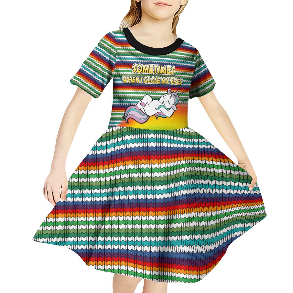 Funny Unicorn Sometimes When I Close My Eyes Christmas Kid Short Sleeve Dress Xmas Holiday Patterns - Wonder Print Shop