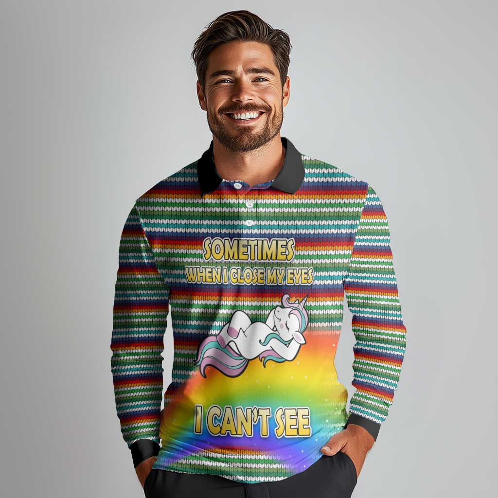 Funny Unicorn Sometimes When I Close My Eyes Christmas Long Sleeve Polo Shirt Xmas Holiday Patterns - Wonder Print Shop