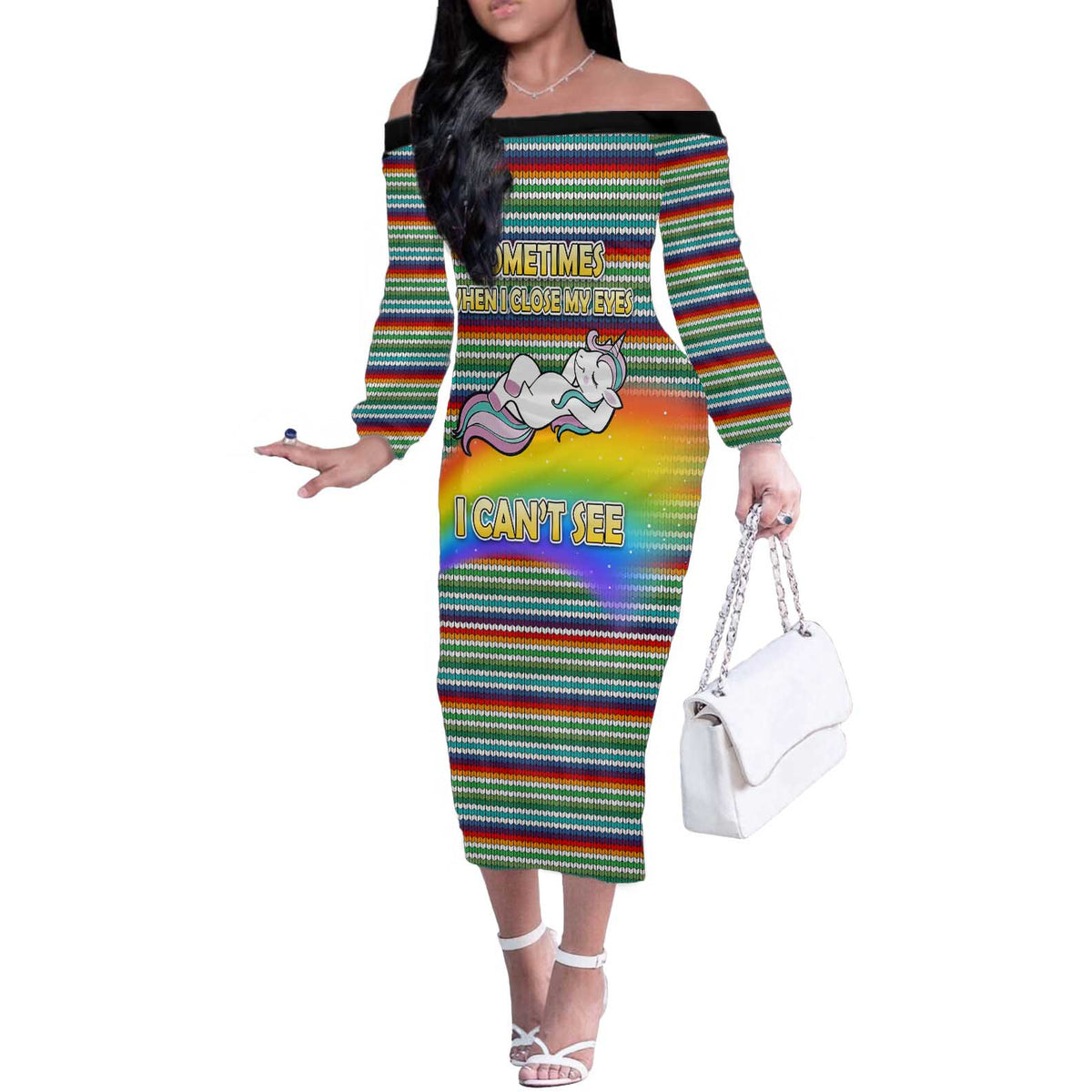 Funny Unicorn Sometimes When I Close My Eyes Christmas Off The Shoulder Long Sleeve Dress Xmas Holiday Patterns - Wonder Print Shop