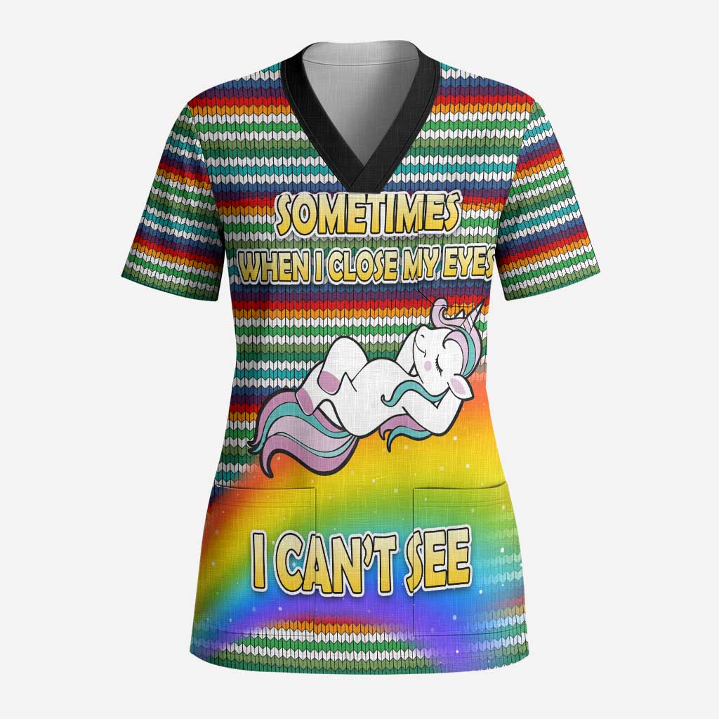 Funny Unicorn Sometimes When I Close My Eyes Christmas Scrub Top Xmas Holiday Patterns - undefined
