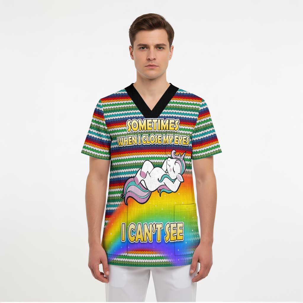 Funny Unicorn Sometimes When I Close My Eyes Christmas Scrub Top Xmas Holiday Patterns - undefined