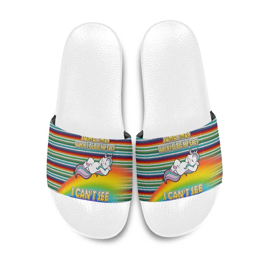 Funny Unicorn Sometimes When I Close My Eyes Christmas Slide Sandals Xmas Holiday Patterns - Wonder Print Shop