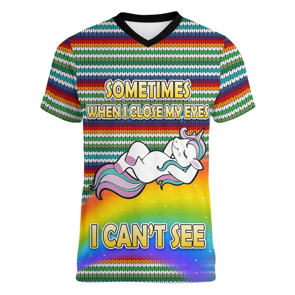 Funny Unicorn Sometimes When I Close My Eyes Christmas Women V-Neck T-Shirt Xmas Holiday Patterns - Wonder Print Shop