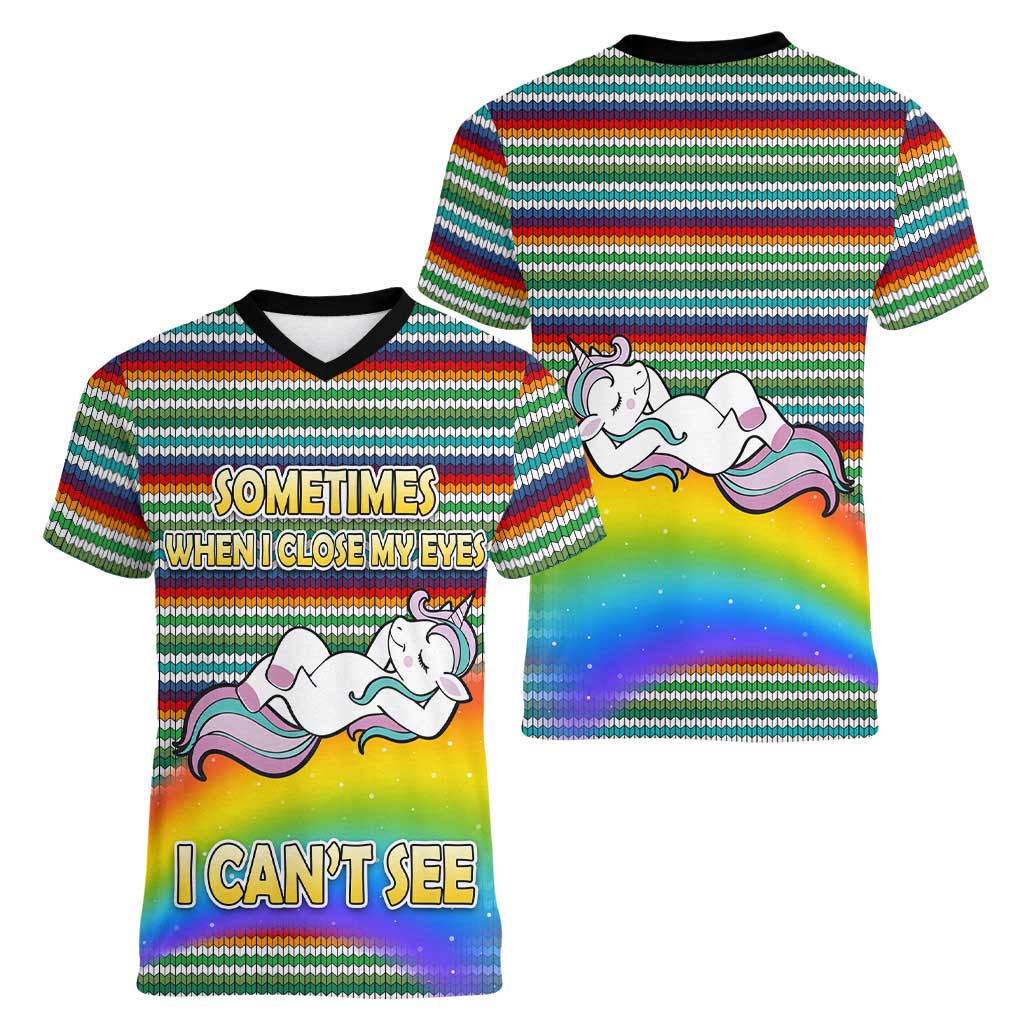 Funny Unicorn Sometimes When I Close My Eyes Christmas Women V-Neck T-Shirt Xmas Holiday Patterns - Wonder Print Shop