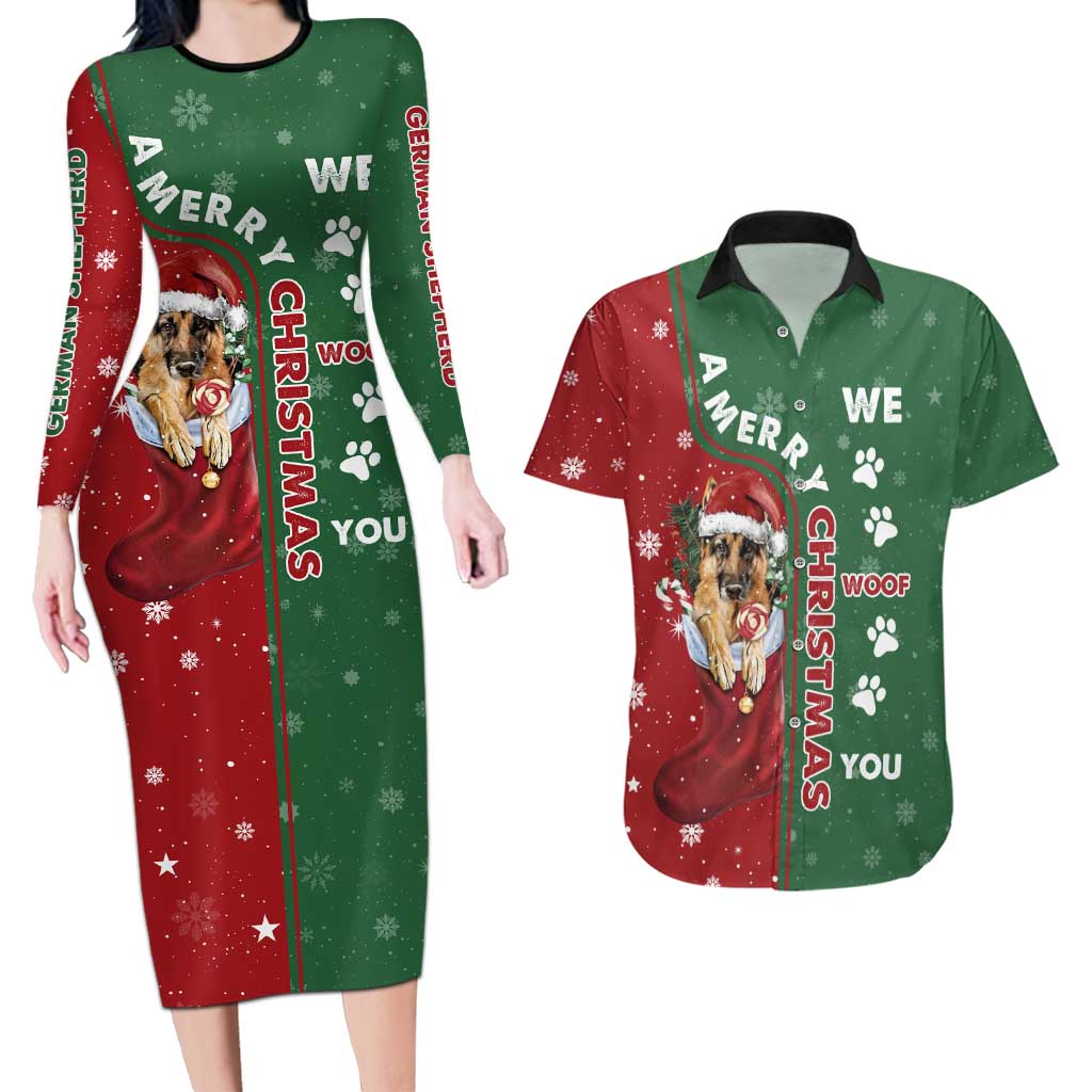 German Shepherd Merry Christmas Christmas Couples Matching Long Sleeve Bodycon Dress and Hawaiian Shirt Xmas Holiday Patterns - Wonder Print Shop