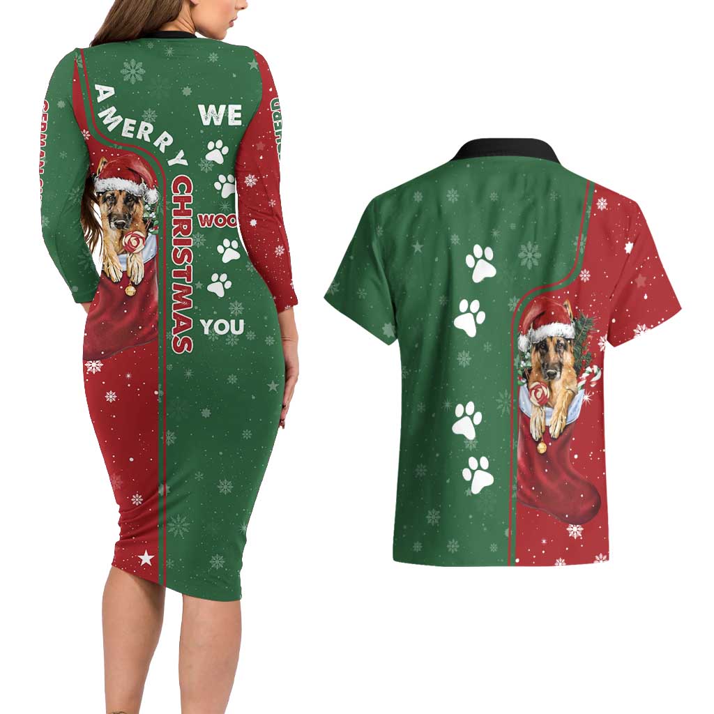 German Shepherd Merry Christmas Christmas Couples Matching Long Sleeve Bodycon Dress and Hawaiian Shirt Xmas Holiday Patterns - Wonder Print Shop