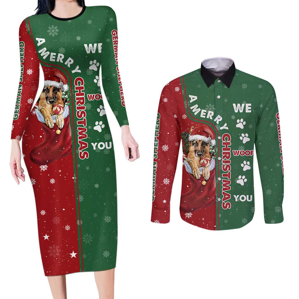German Shepherd Merry Christmas Christmas Couples Matching Long Sleeve Bodycon Dress and Long Sleeve Button Shirt Xmas Holiday Patterns - Wonder Print Shop