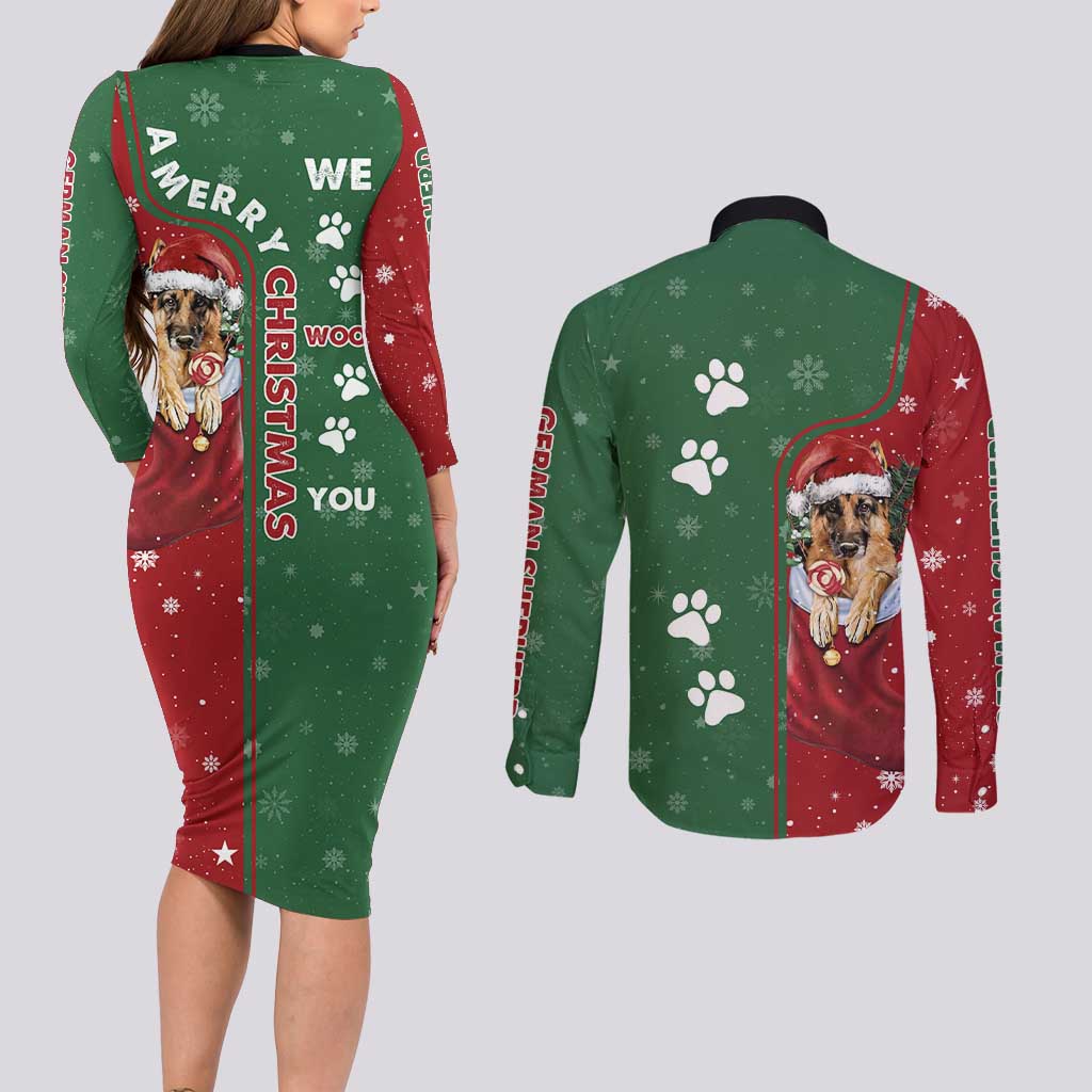 German Shepherd Merry Christmas Christmas Couples Matching Long Sleeve Bodycon Dress and Long Sleeve Button Shirt Xmas Holiday Patterns - Wonder Print Shop