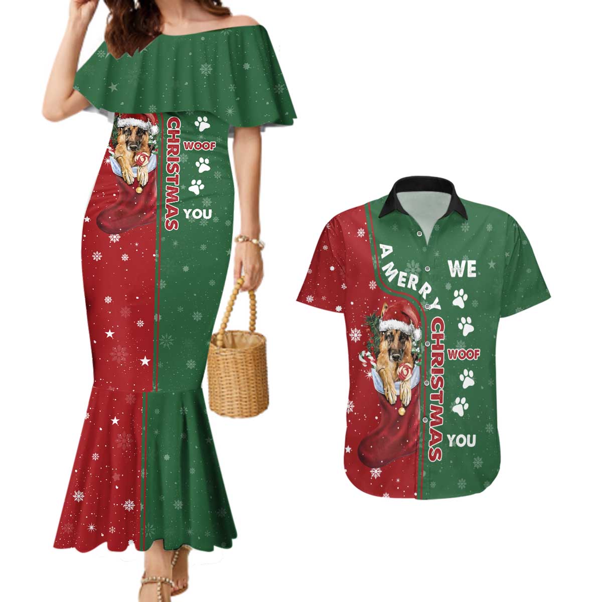 German Shepherd Merry Christmas Christmas Couples Matching Mermaid Dress and Hawaiian Shirt Xmas Holiday Patterns - Wonder Print Shop
