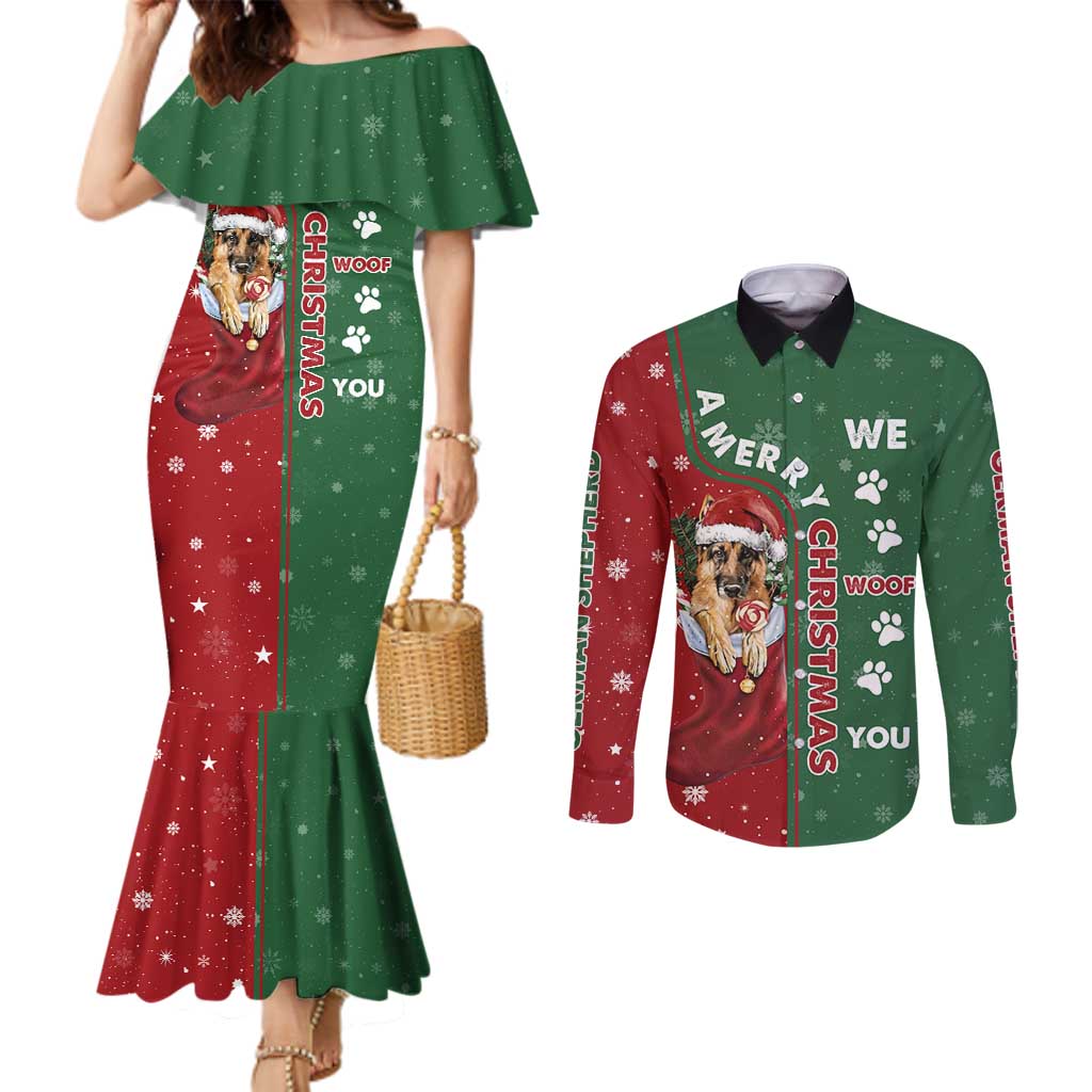 German Shepherd Merry Christmas Christmas Couples Matching Mermaid Dress and Long Sleeve Button Shirt Xmas Holiday Patterns - Wonder Print Shop