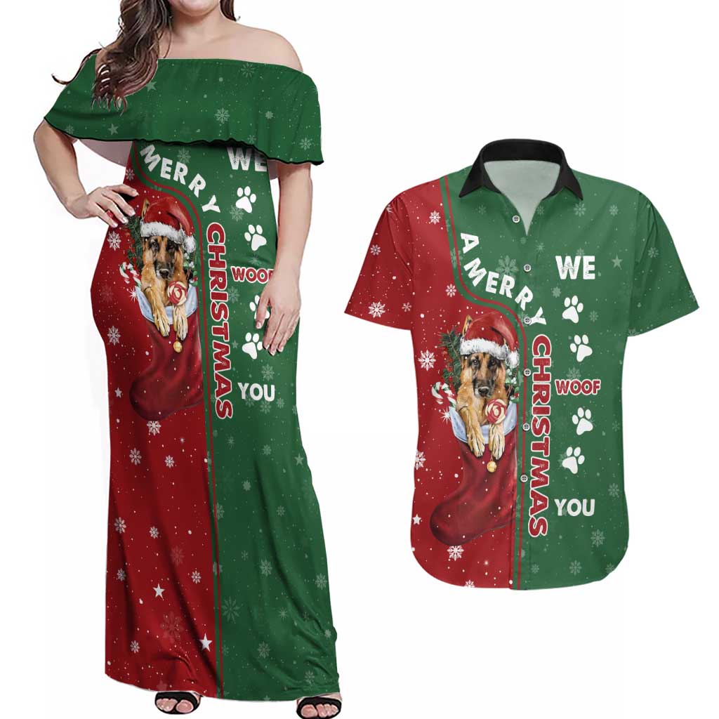 German Shepherd Merry Christmas Christmas Couples Matching Off Shoulder Maxi Dress and Hawaiian Shirt Xmas Holiday Patterns - Wonder Print Shop