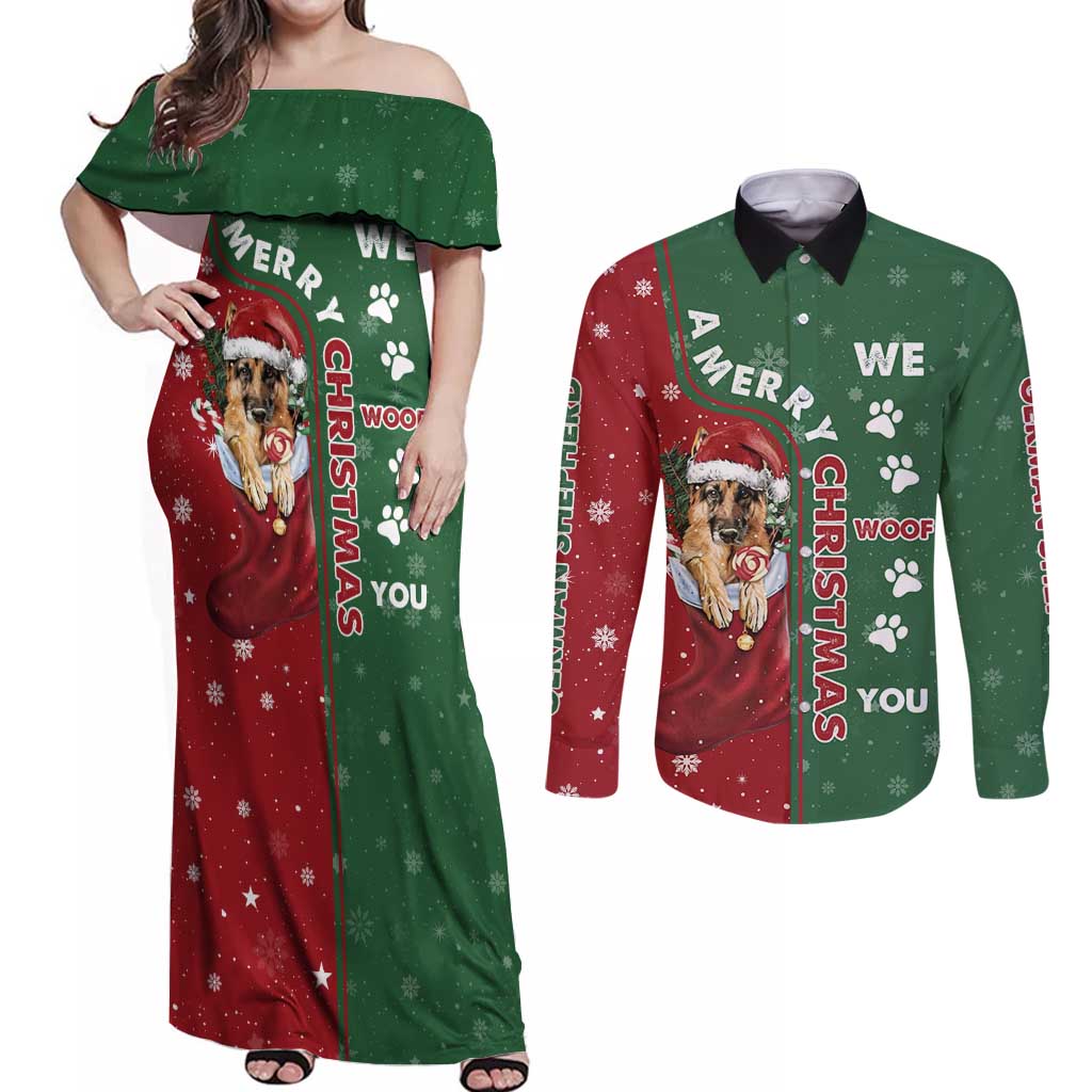 German Shepherd Merry Christmas Christmas Couples Matching Off Shoulder Maxi Dress and Long Sleeve Button Shirt Xmas Holiday Patterns - Wonder Print Shop
