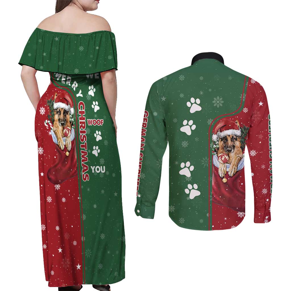 German Shepherd Merry Christmas Christmas Couples Matching Off Shoulder Maxi Dress and Long Sleeve Button Shirt Xmas Holiday Patterns - Wonder Print Shop