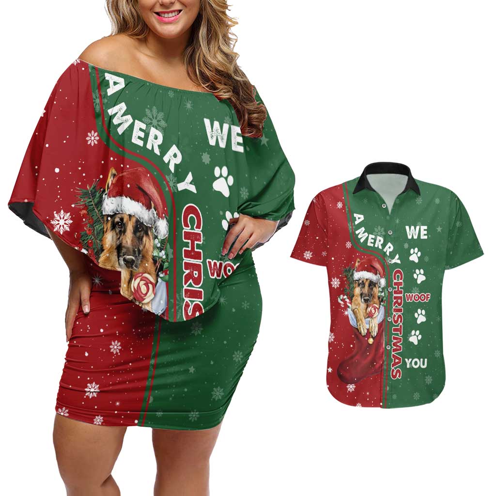 German Shepherd Merry Christmas Christmas Couples Matching Off Shoulder Short Dress and Hawaiian Shirt Xmas Holiday Patterns - Wonder Print Shop