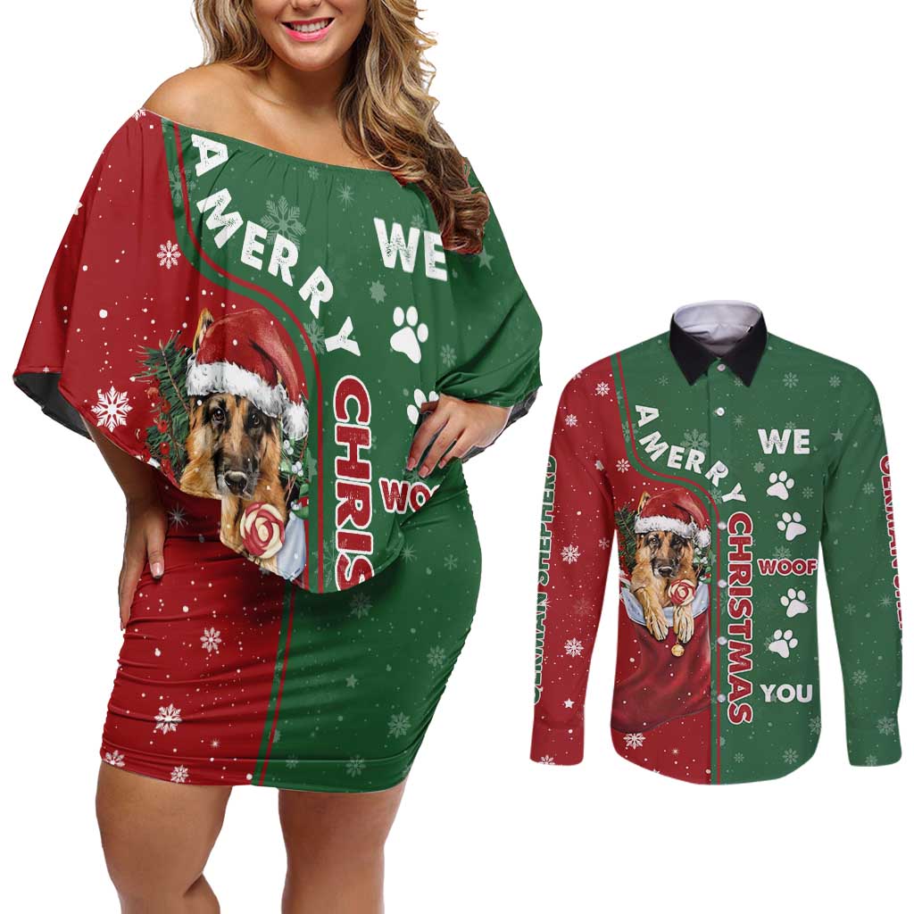 German Shepherd Merry Christmas Christmas Couples Matching Off Shoulder Short Dress and Long Sleeve Button Shirt Xmas Holiday Patterns - Wonder Print Shop