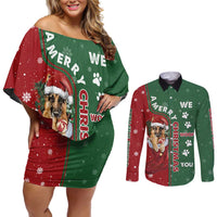 German Shepherd Merry Christmas Christmas Couples Matching Off Shoulder Short Dress and Long Sleeve Button Shirt Xmas Holiday Patterns - Wonder Print Shop