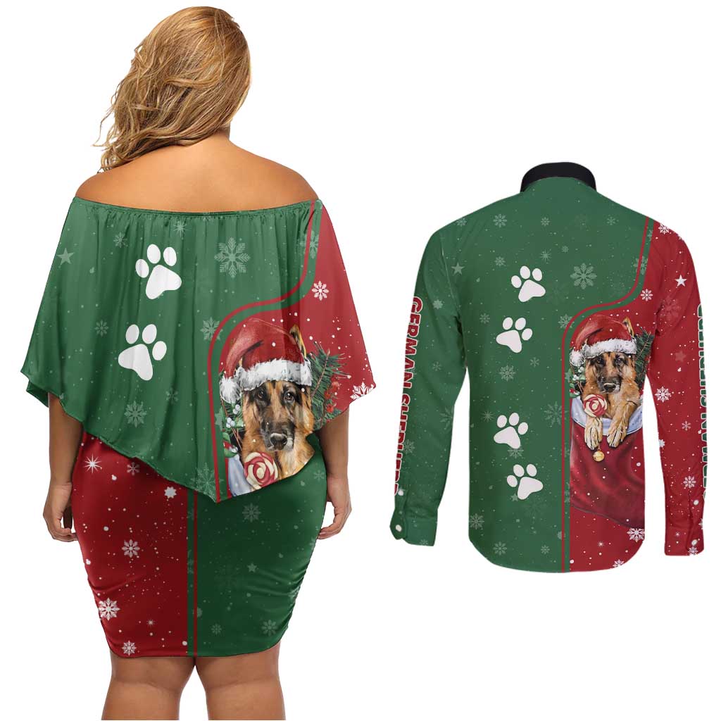 German Shepherd Merry Christmas Christmas Couples Matching Off Shoulder Short Dress and Long Sleeve Button Shirt Xmas Holiday Patterns - Wonder Print Shop