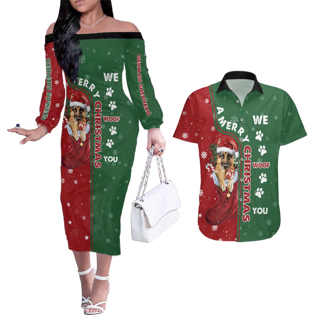German Shepherd Merry Christmas Christmas Couples Matching Off The Shoulder Long Sleeve Dress and Hawaiian Shirt Xmas Holiday Patterns - Wonder Print Shop