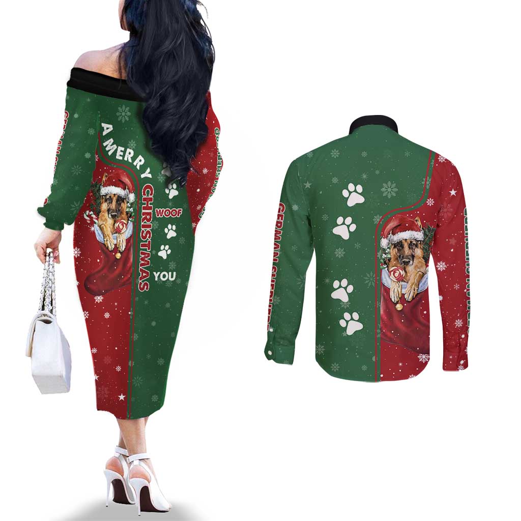 German Shepherd Merry Christmas Christmas Couples Matching Off The Shoulder Long Sleeve Dress and Long Sleeve Button Shirt Xmas Holiday Patterns - Wonder Print Shop