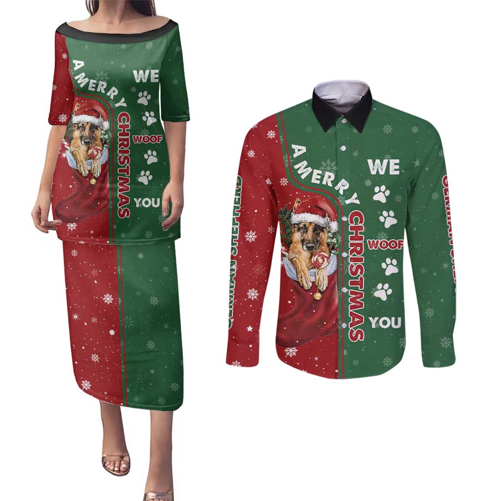 German Shepherd Merry Christmas Christmas Couples Matching Puletasi and Long Sleeve Button Shirt Xmas Holiday Patterns - Wonder Print Shop
