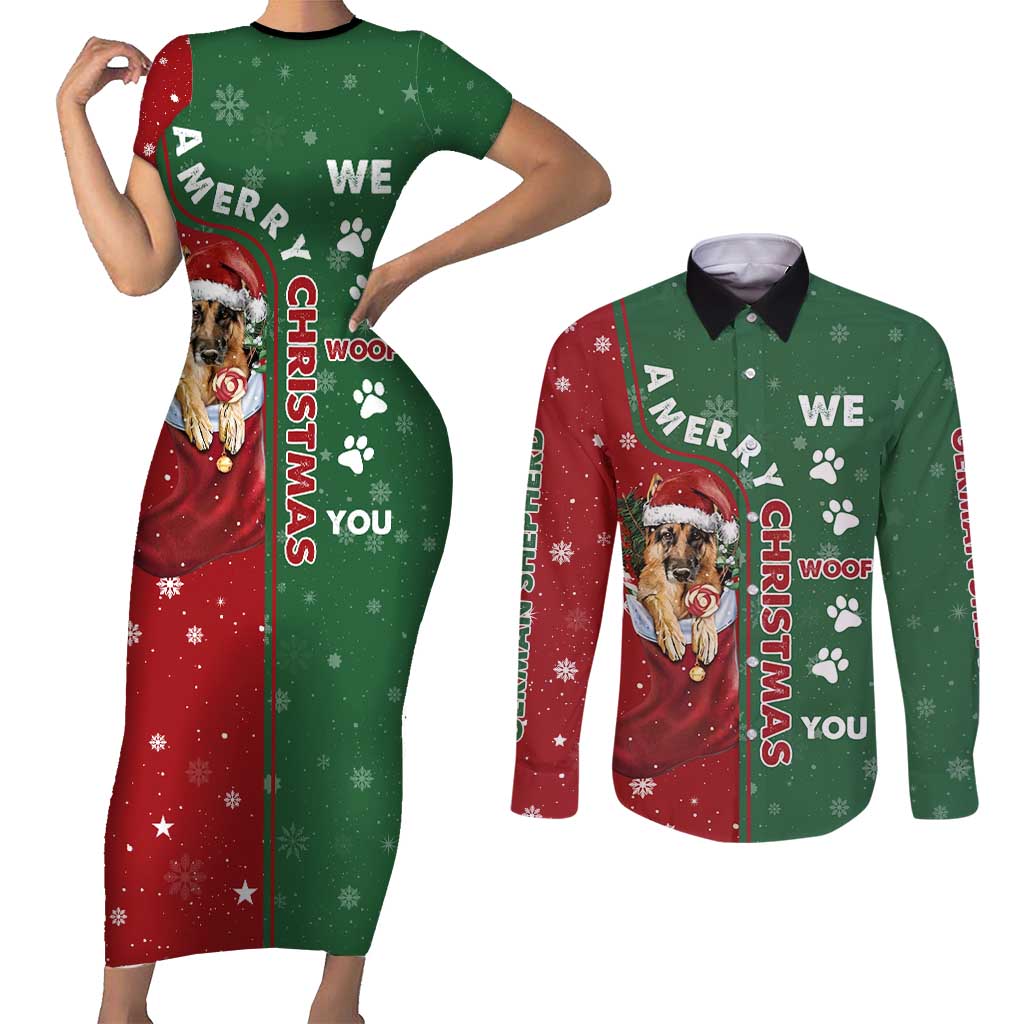 German Shepherd Merry Christmas Christmas Couples Matching Short Sleeve Bodycon Dress and Long Sleeve Button Shirt Xmas Holiday Patterns - Wonder Print Shop