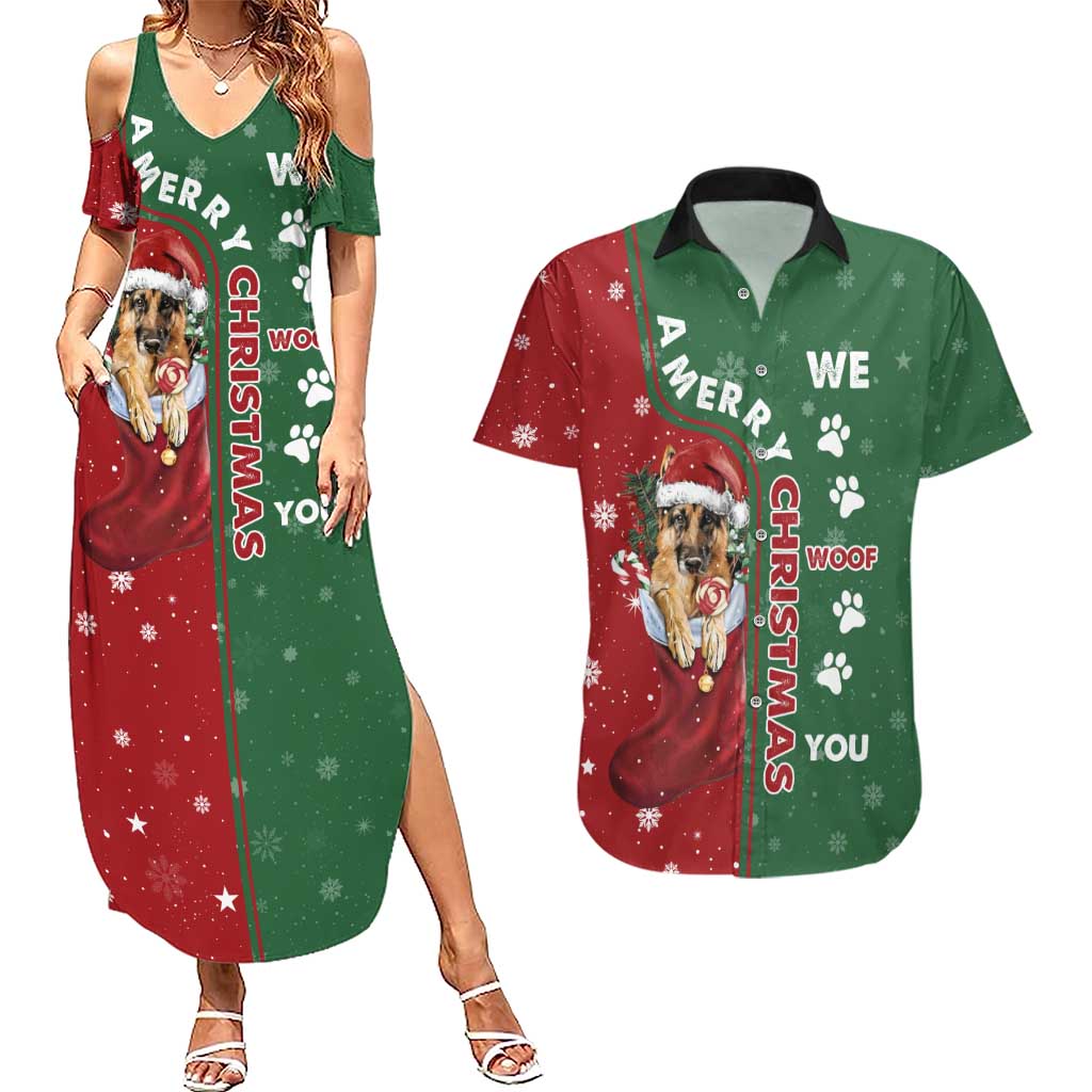 German Shepherd Merry Christmas Christmas Couples Matching Summer Maxi Dress and Hawaiian Shirt Xmas Holiday Patterns - Wonder Print Shop