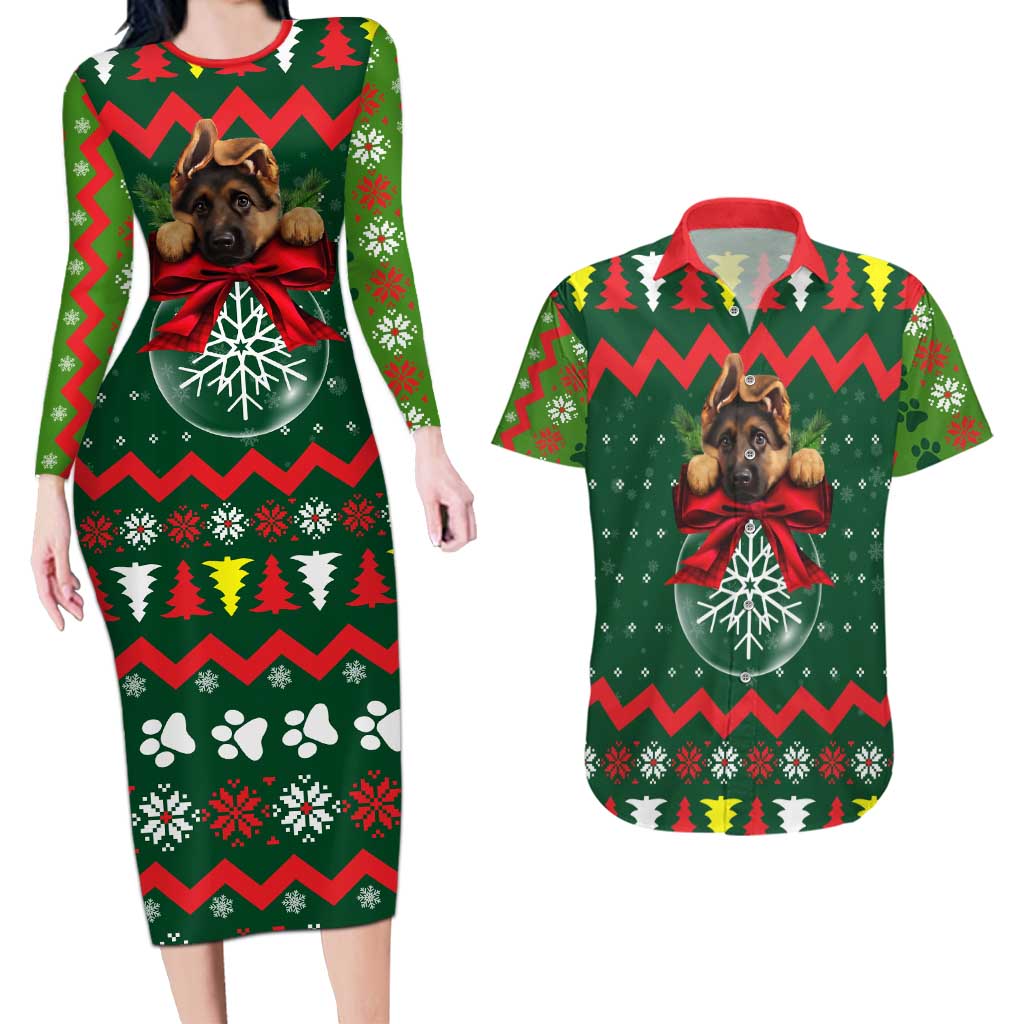 German Shepherd Ornament Christmas Couples Matching Long Sleeve Bodycon Dress and Hawaiian Shirt Xmas Holiday Patterns - Wonder Print Shop