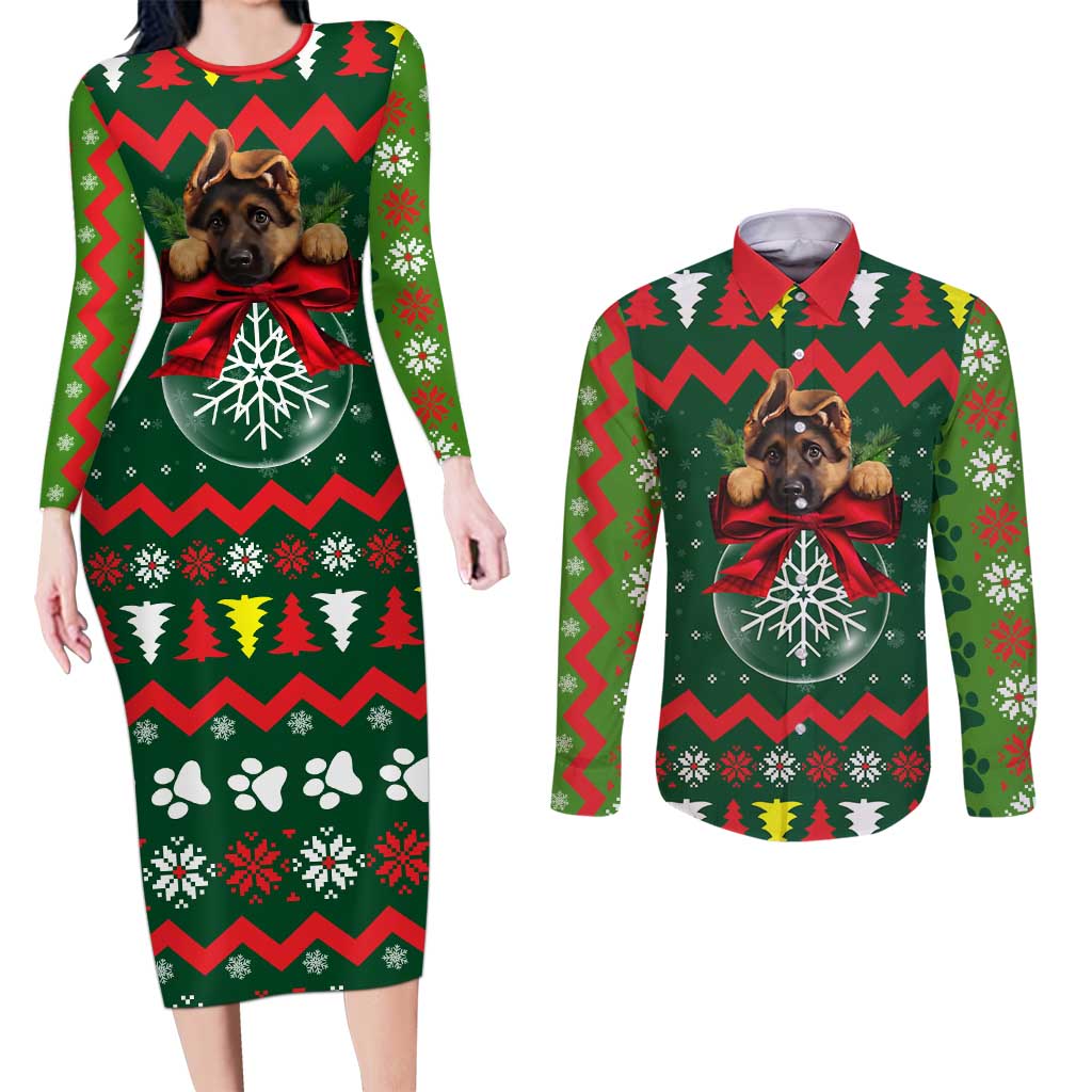 German Shepherd Ornament Christmas Couples Matching Long Sleeve Bodycon Dress and Long Sleeve Button Shirt Xmas Holiday Patterns - Wonder Print Shop