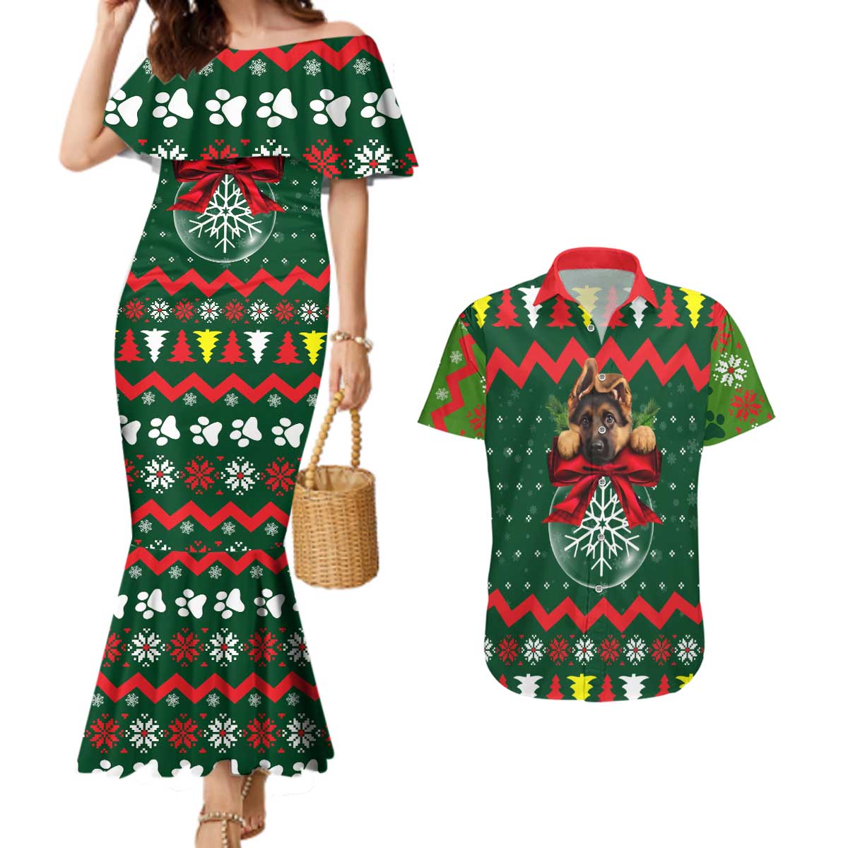 German Shepherd Ornament Christmas Couples Matching Mermaid Dress and Hawaiian Shirt Xmas Holiday Patterns - Wonder Print Shop