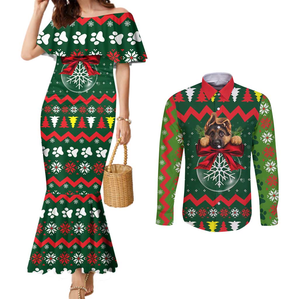 German Shepherd Ornament Christmas Couples Matching Mermaid Dress and Long Sleeve Button Shirt Xmas Holiday Patterns - Wonder Print Shop