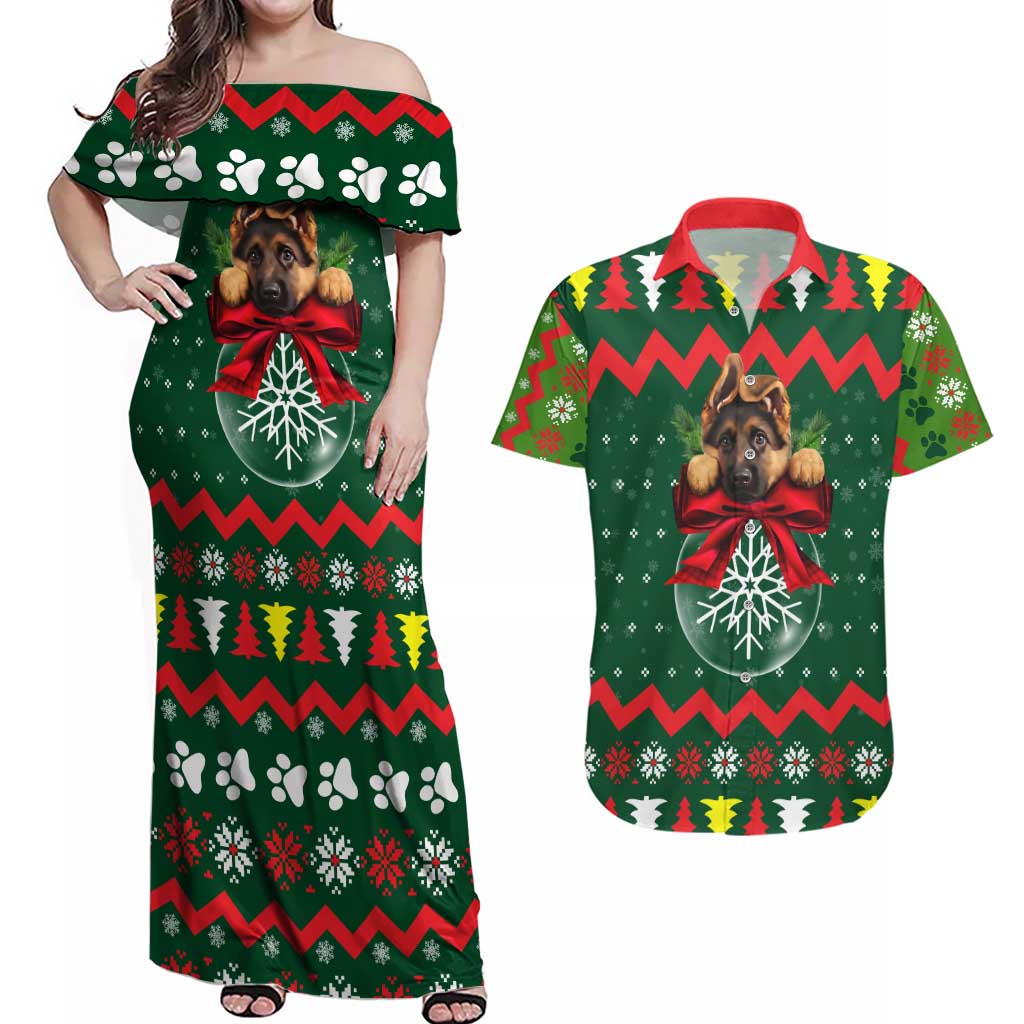 German Shepherd Ornament Christmas Couples Matching Off Shoulder Maxi Dress and Hawaiian Shirt Xmas Holiday Patterns - Wonder Print Shop